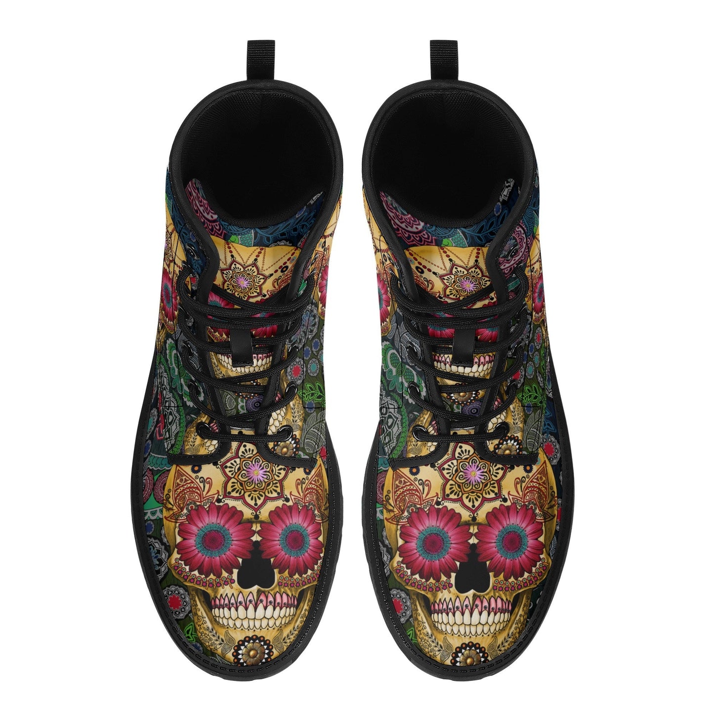 Candy skull day of the dead leather boots, Sugar Mexico skull boots for men women, Dia de los muertos skull boots shoes, Floral skull boots