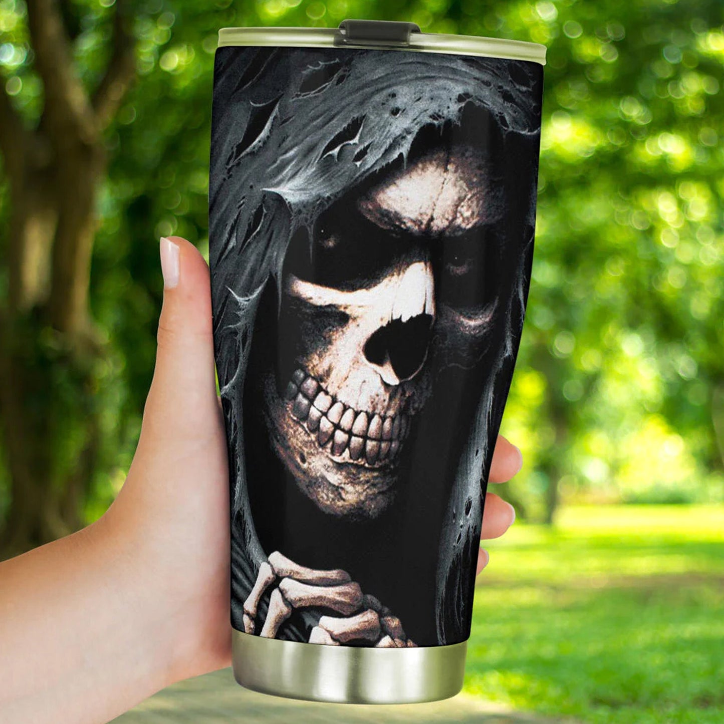 Death tumbler, evil travel mug, skeleton tumbler, skull tumbler, flame skull mug, halloween mug, flower skull travel mug, motorcycle skull
