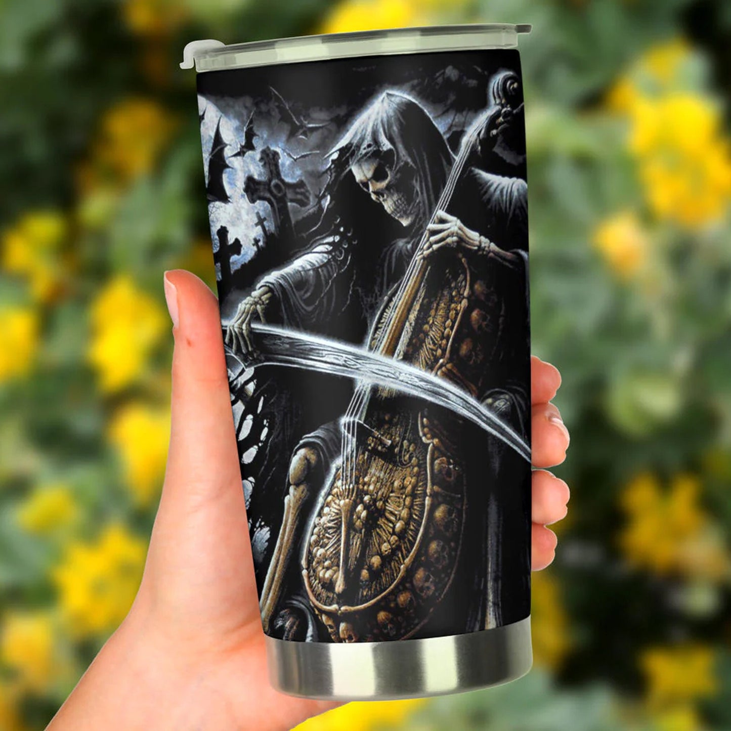 Grim reaper skull travel mug, evil tumbler, halloween skull cup, skeleton mug, grim reaper mug, gothic tumbler, gothic skull mug tumler cup