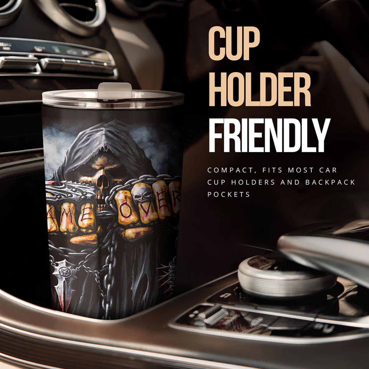 Biker skull tumbler, biker skull mug, gothic tumbler, biker skull travel mug, Grim reaper skull travel mug, goth cup, motorcycle skull mug