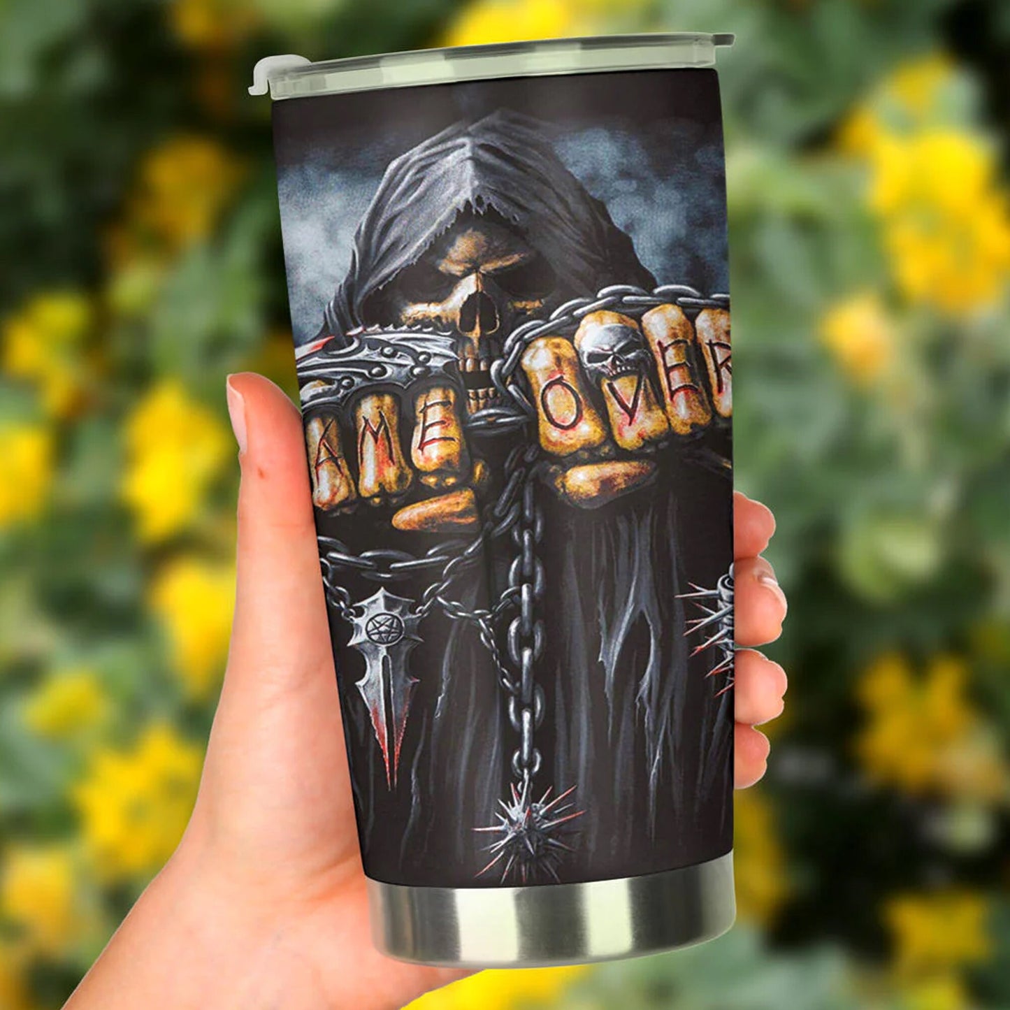 Biker skull tumbler, biker skull mug, gothic tumbler, biker skull travel mug, Grim reaper skull travel mug, goth cup, motorcycle skull mug