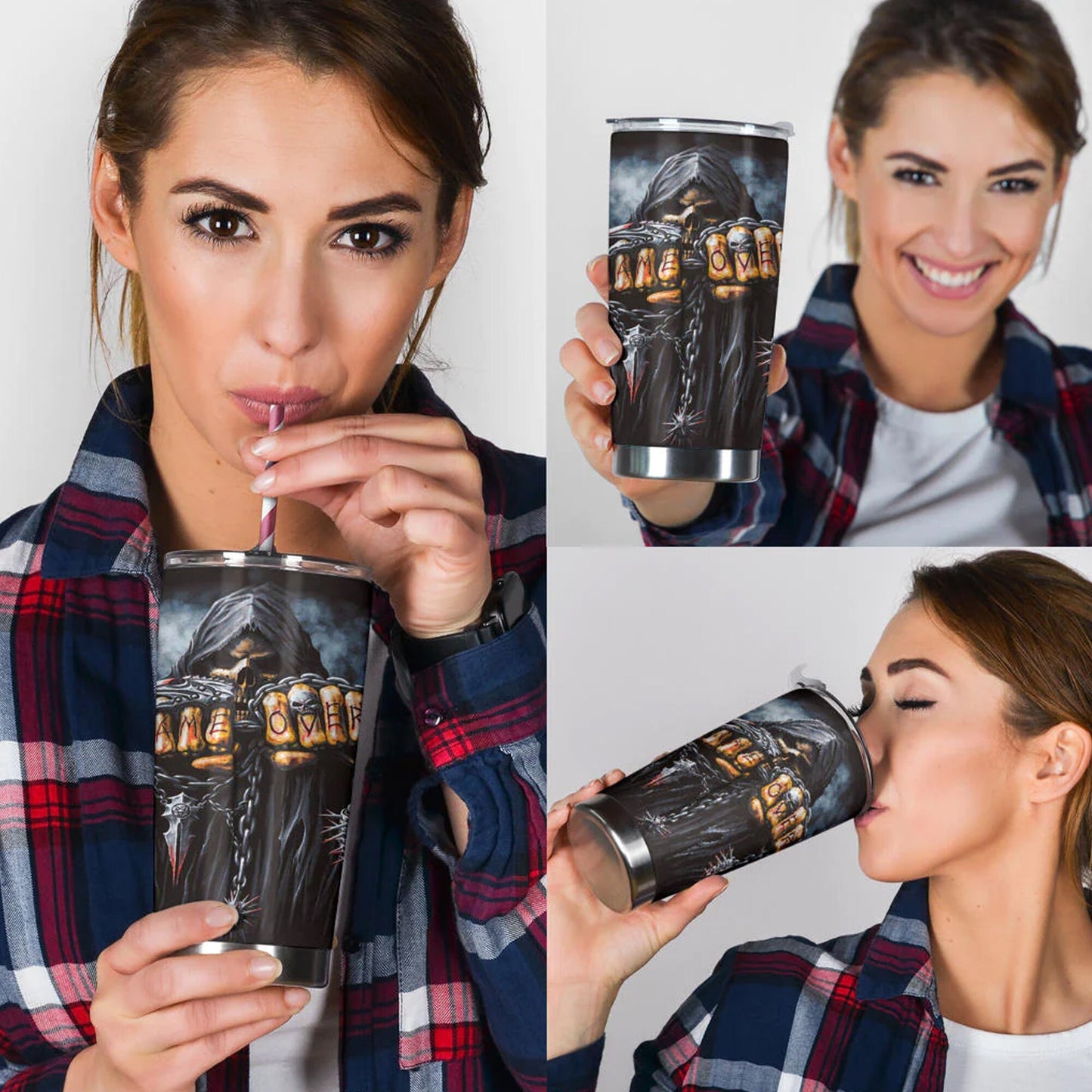 Biker skull tumbler, biker skull mug, gothic tumbler, biker skull travel mug, Grim reaper skull travel mug, goth cup, motorcycle skull mug