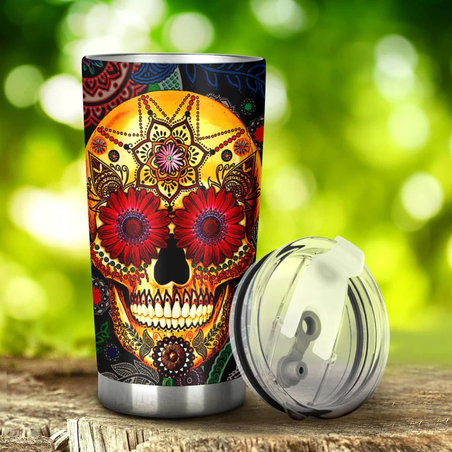 Day of the dead skull tumbler, sugar skull cup mug tumbler, candy skull tumblr, skull tumbler mug cup, Floral skull gothic mug cup tumbler