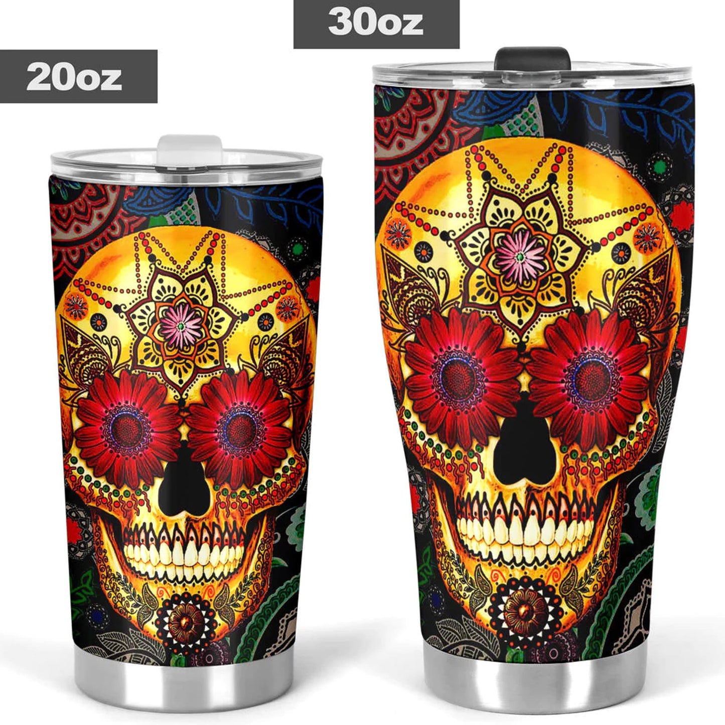 Day of the dead skull tumbler, sugar skull cup mug tumbler, candy skull tumblr, skull tumbler mug cup, Floral skull gothic mug cup tumbler
