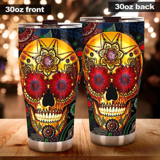 Day of the dead skull tumbler, sugar skull cup mug tumbler, candy skull tumblr, skull tumbler mug cup, Floral skull gothic mug cup tumbler