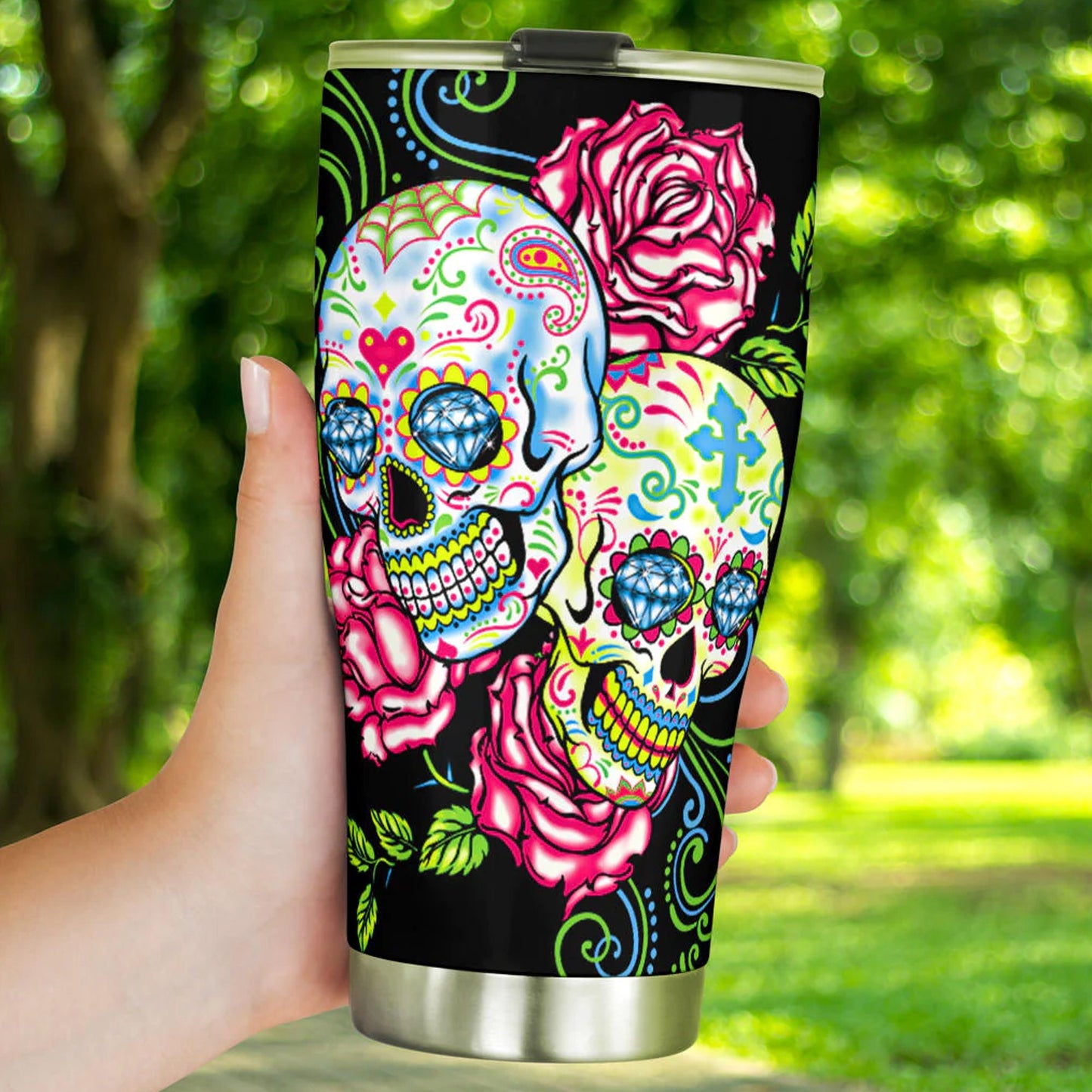 Dia de los muertos floral skull tumbler, Candy skull cup mug tumbler, skull tumblr mug cup, Floral skull gothic Halloween mug cup tumbler