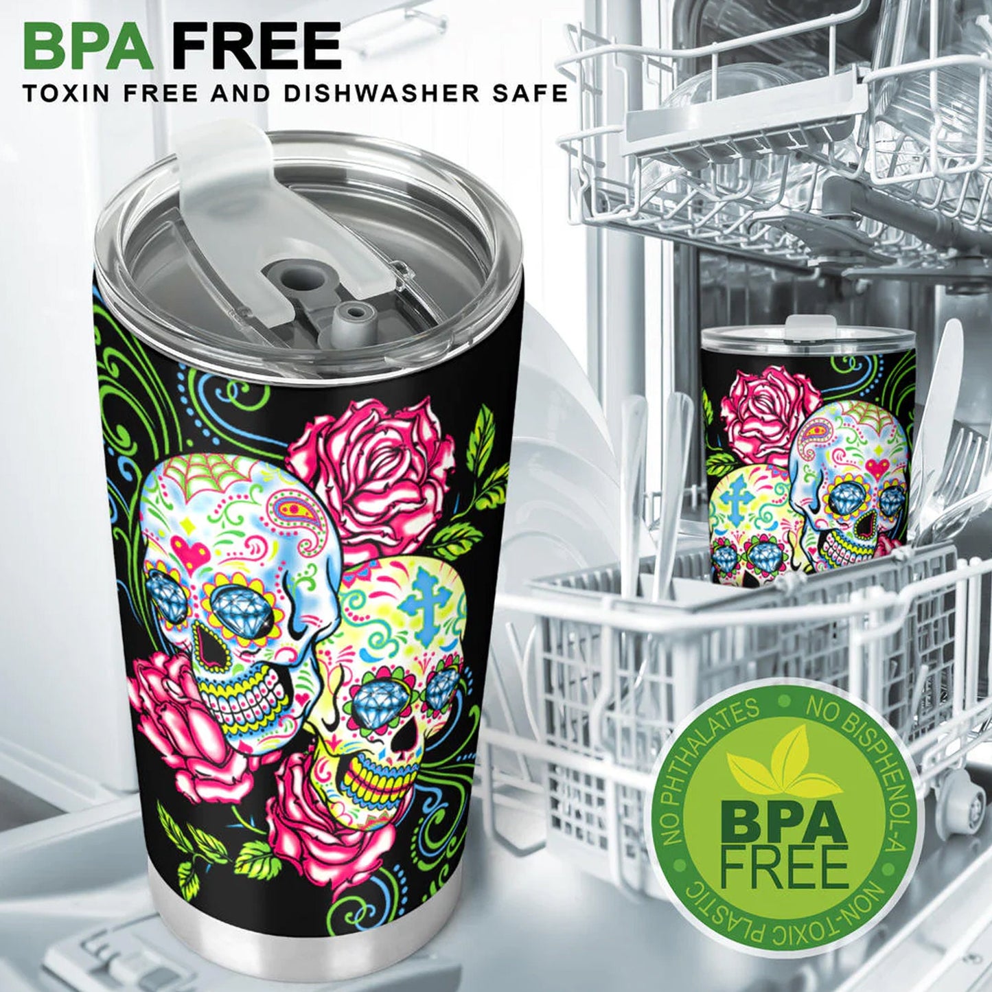 Dia de los muertos floral skull tumbler, Candy skull cup mug tumbler, skull tumblr mug cup, Floral skull gothic Halloween mug cup tumbler