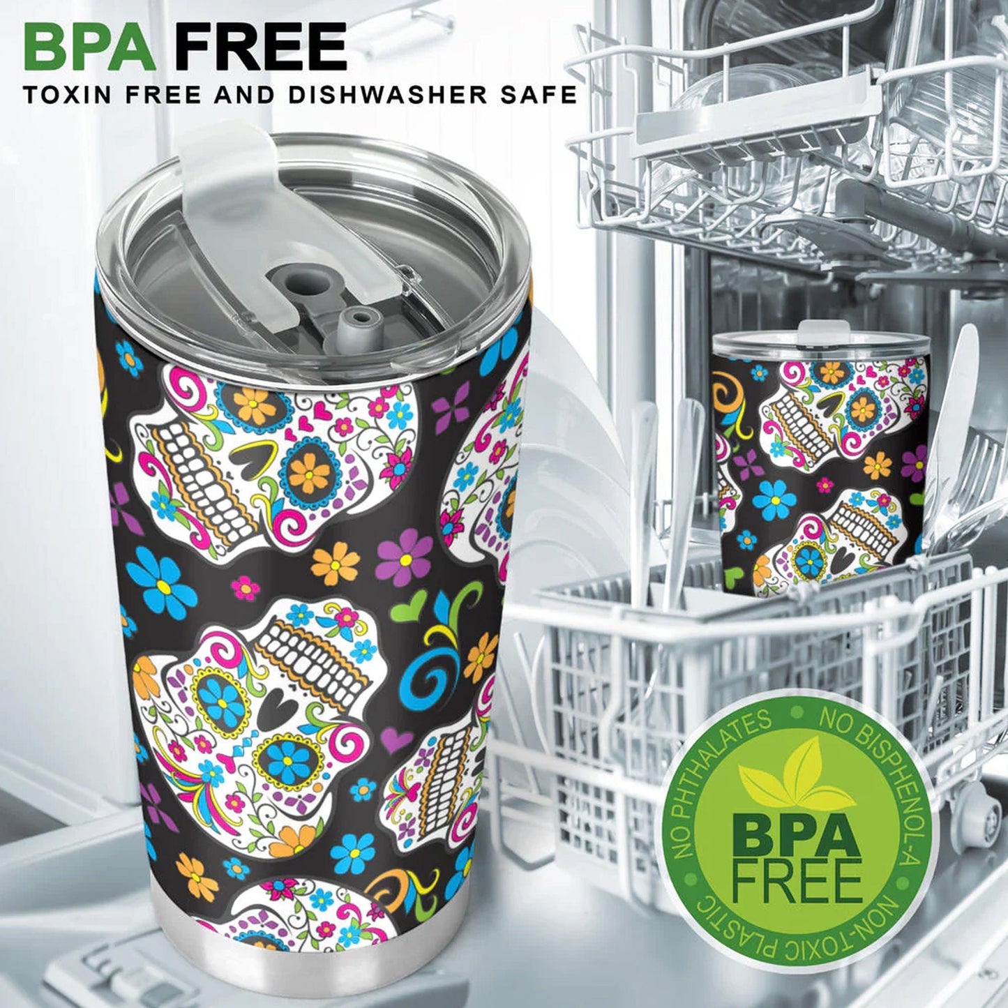 Calaveras skull tumblr mug cup, Candy skull cup mug tumbler, sugar skull tumblr mug cup, Day of the dead skull Halloween mug cup tumbler