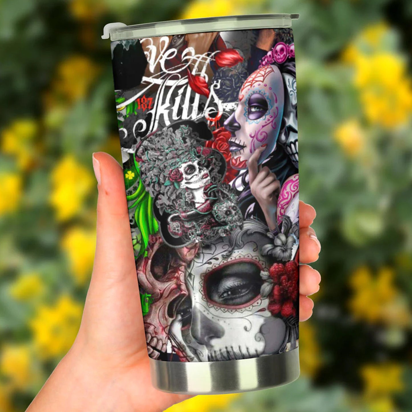 Calaveras skull girl tumblr mug cup, Candy skull cup mug tumbler, sugar skull tumblr mug cup, Dia de los muertos skull Halloween cup tumbler