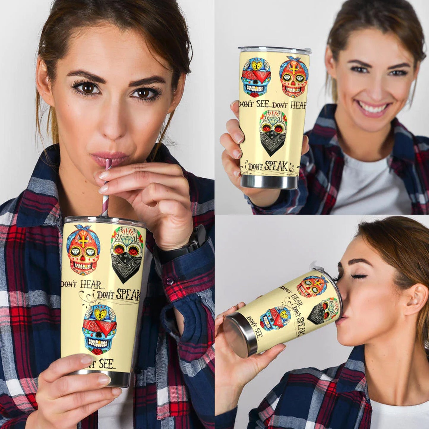 Sugar skull no see no hear no speak tumblr mug cup, Candy skull cup mug tumbler, Day of the dead calaveras skull Halloween mug cup tumbler