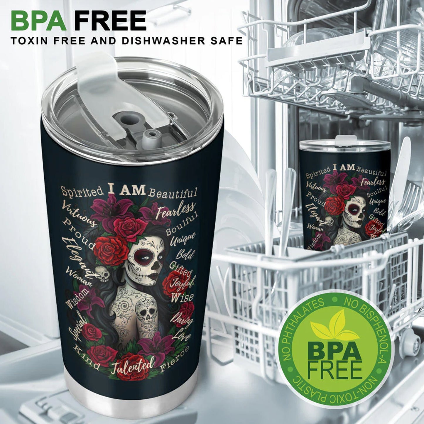 Sugar skull girl tumbler cup, dia de los muertos skull girl mug tumblr, candy skull tumbler mug cup Mexican Halloween gothic tumbler cup mug