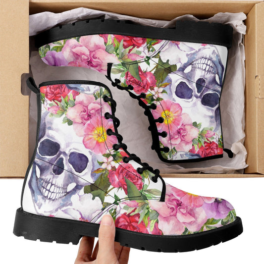 Floral skull boots for men women, grim reaper Halloween gothic women boots, Death skeleton boots, rose reaper skull leather boots for men