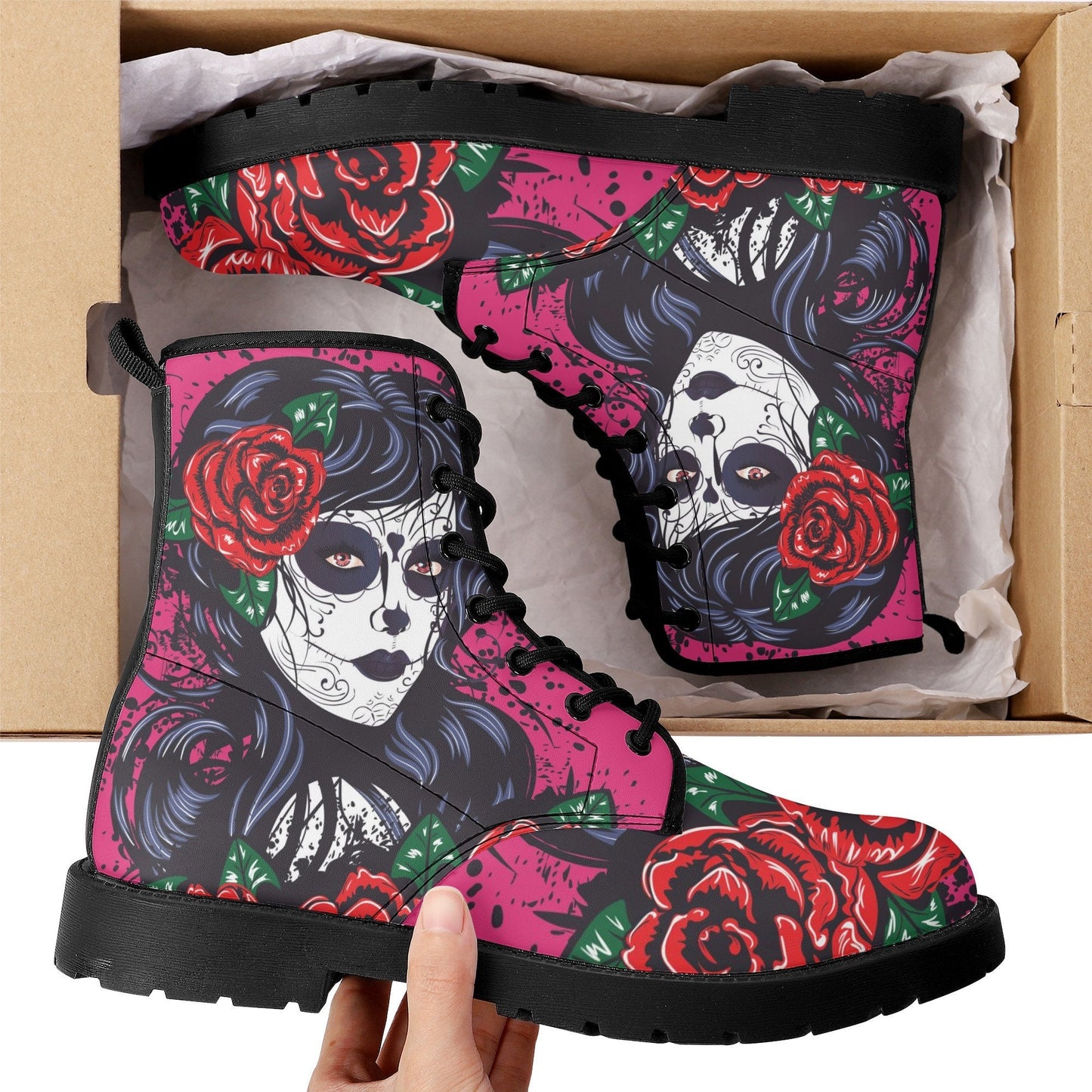 Floral sugar skull girl boots for women grim reaper gothic women boots Halloween Candy skull skeleton boots, rose mexico skull leather boots