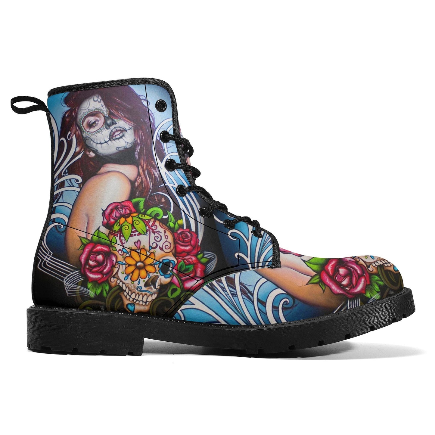 Floral sugar skull girl boots for women grim reaper gothic women boots Halloween Candy skull skeleton boots, rose mexico skull leather boots