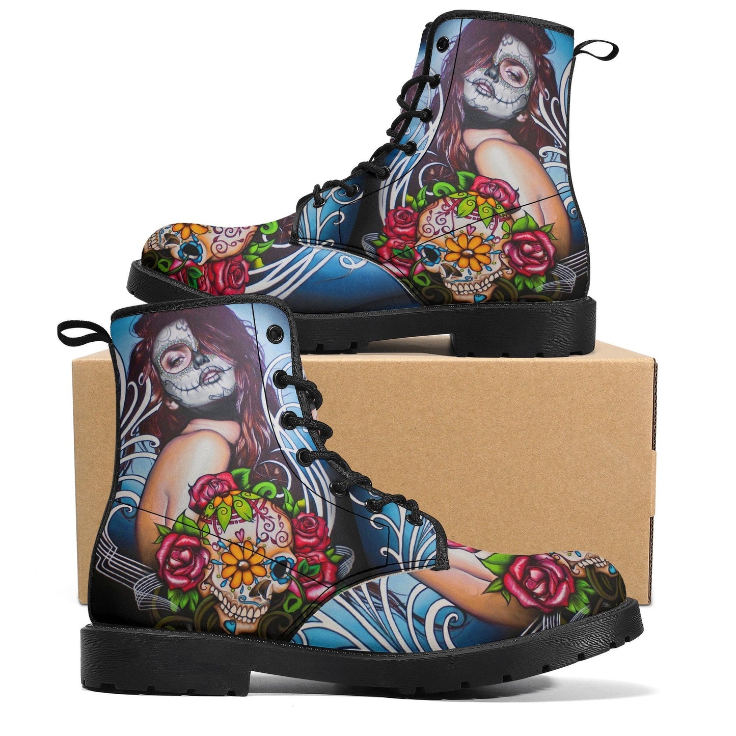 Floral sugar skull girl boots for women grim reaper gothic women boots Halloween Candy skull skeleton boots, rose mexico skull leather boots