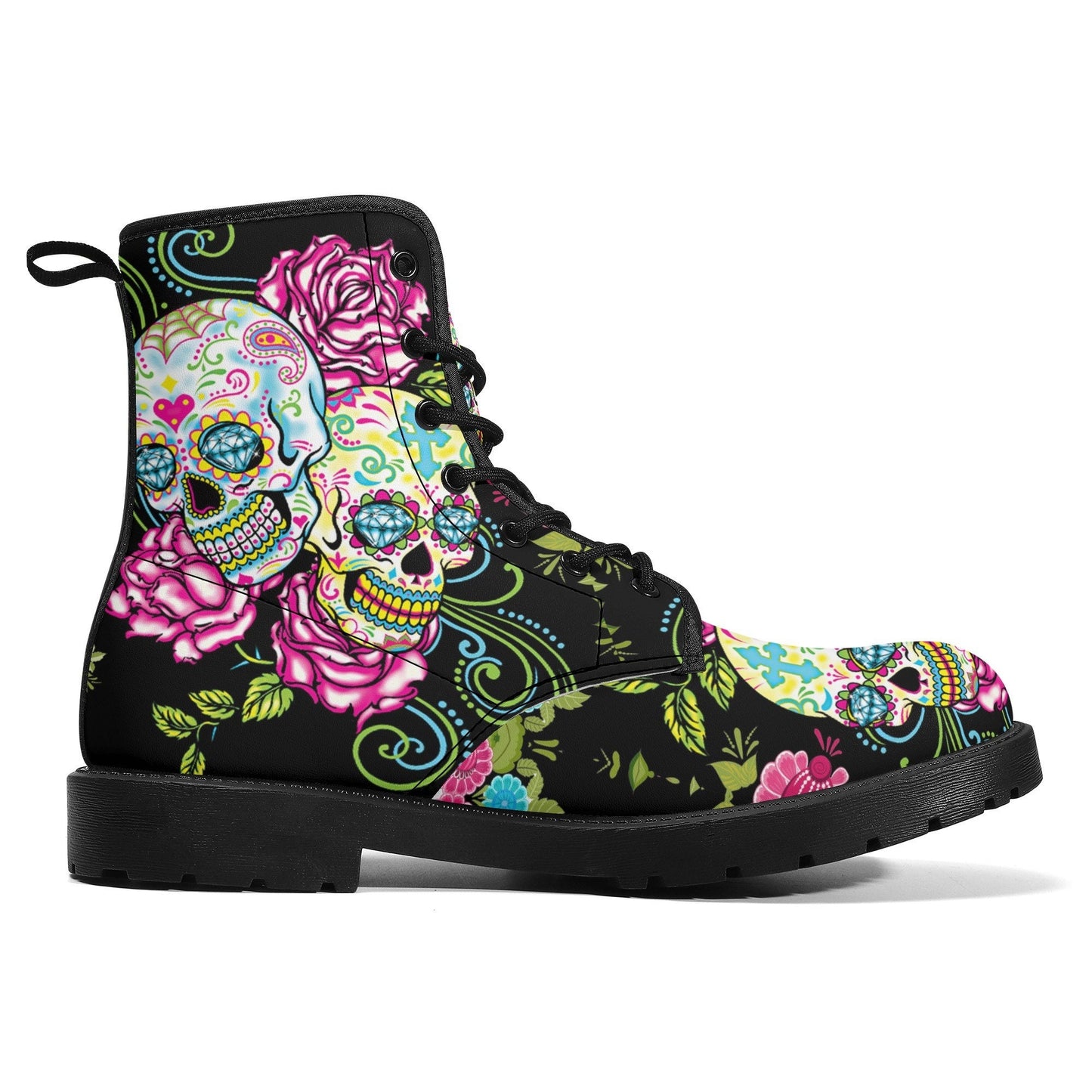Candy skull day of the dead leather boots, Sugar Mexico skull boots for men women, Dia de los muertos skull boots shoes, Floral skull boots