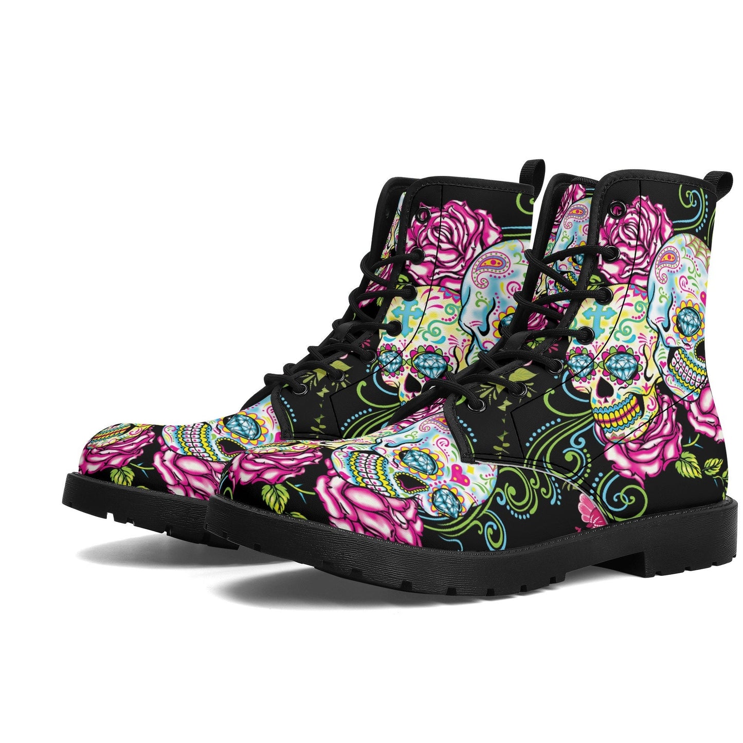 Candy skull day of the dead leather boots, Sugar Mexico skull boots for men women, Dia de los muertos skull boots shoes, Floral skull boots