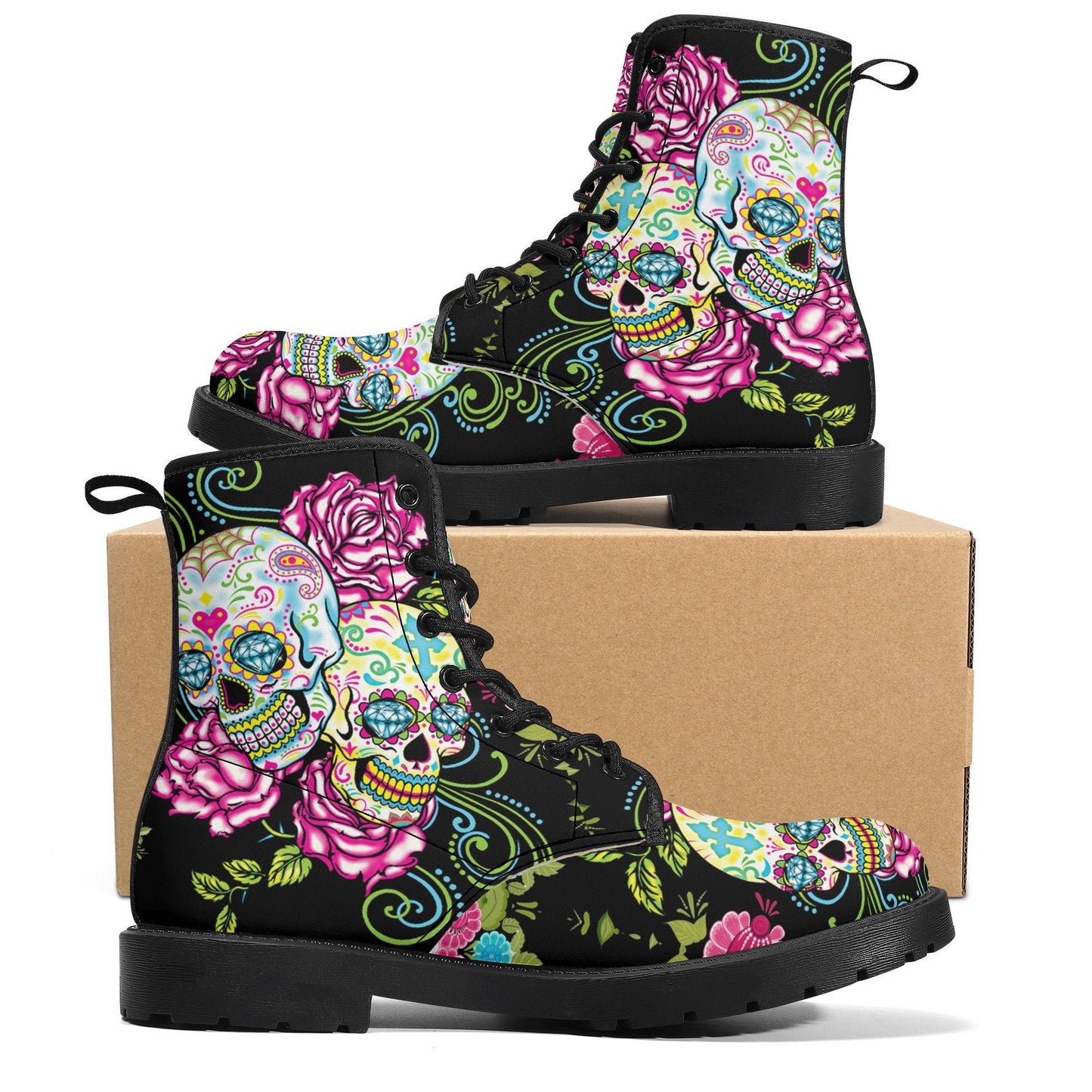 Candy skull day of the dead leather boots, Sugar Mexico skull boots for men women, Dia de los muertos skull boots shoes, Floral skull boots