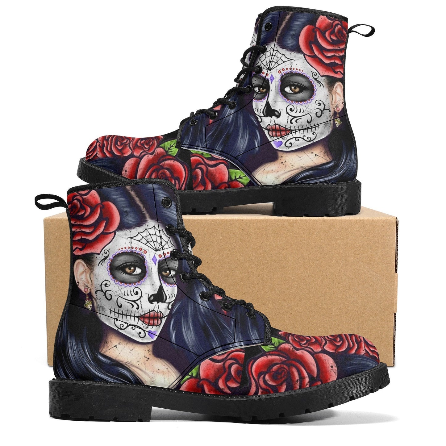 Sugar skull day of the dead girl leather boots, Sugar skull girl boots men women, Mexican calaveras skull girl boots shoes sugar skull boots