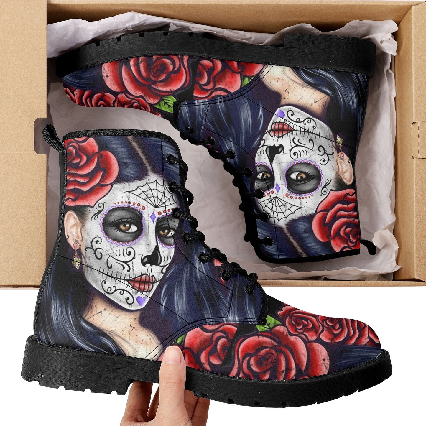 Sugar skull day of the dead girl leather boots, Sugar skull girl boots men women, Mexican calaveras skull girl boots shoes sugar skull boots