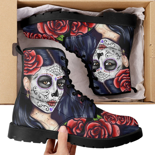 Sugar skull day of the dead girl leather boots, Sugar skull girl boots men women, Mexican calaveras skull girl boots shoes sugar skull boots