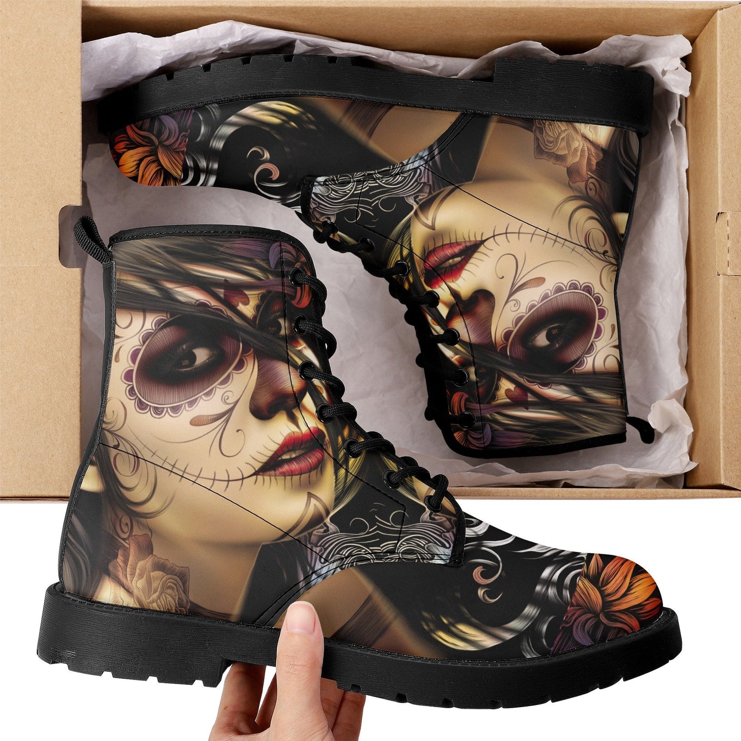 Day of the dead girl leather boots Candy skull girl boots men women Dia de los muertos skull girl boots shoes Mexico sugar skull boots shoes