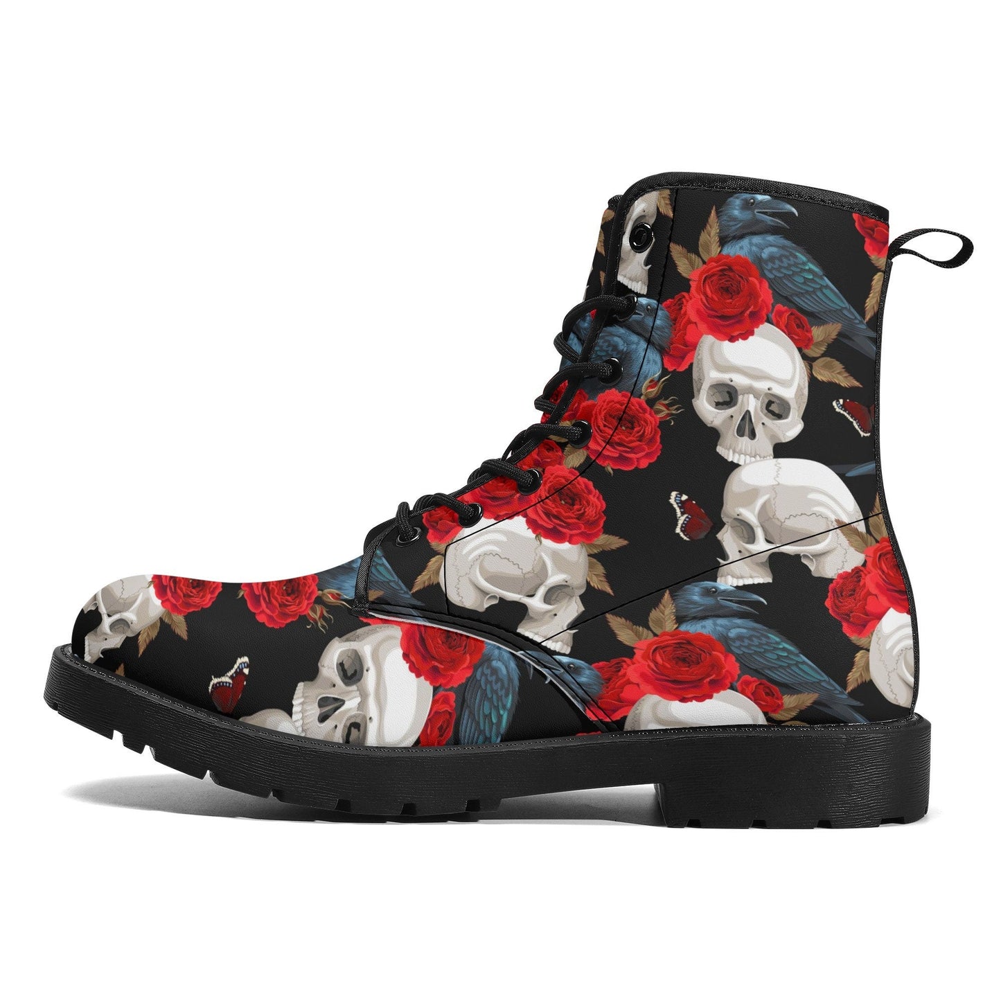 Rose skull men women boots, Floral skull boots, skeleton horror halloween skull boots, Punisher skull grim reaper leather rose skull boots