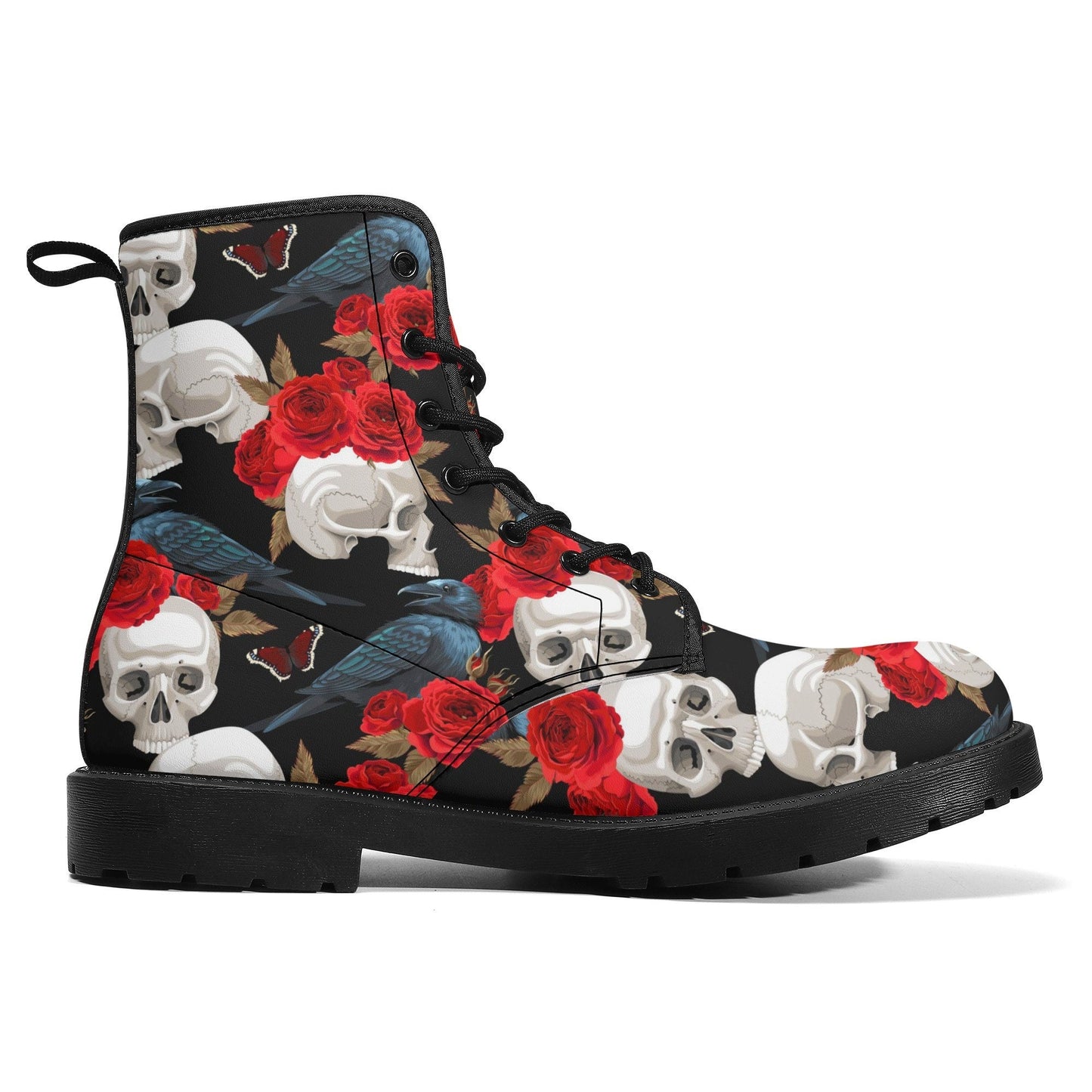 Rose skull men women boots, Floral skull boots, skeleton horror halloween skull boots, Punisher skull grim reaper leather rose skull boots