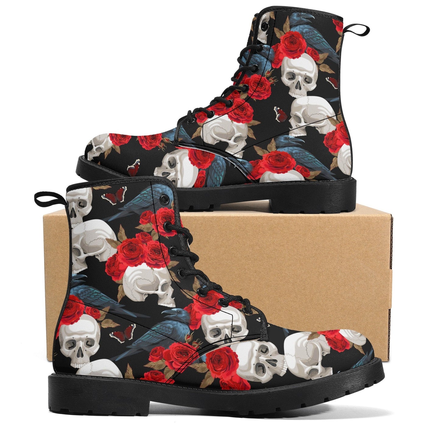 Rose skull men women boots, Floral skull boots, skeleton horror halloween skull boots, Punisher skull grim reaper leather rose skull boots