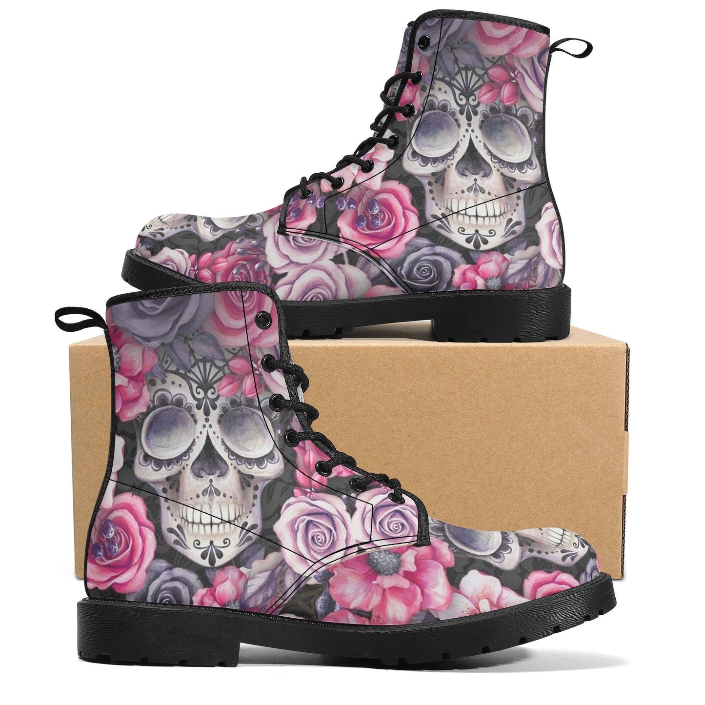 Floral skull men women boots, Floral skull boots, skeleton horror halloween skull boots, Punisher skull grim reaper leather rose skull boots