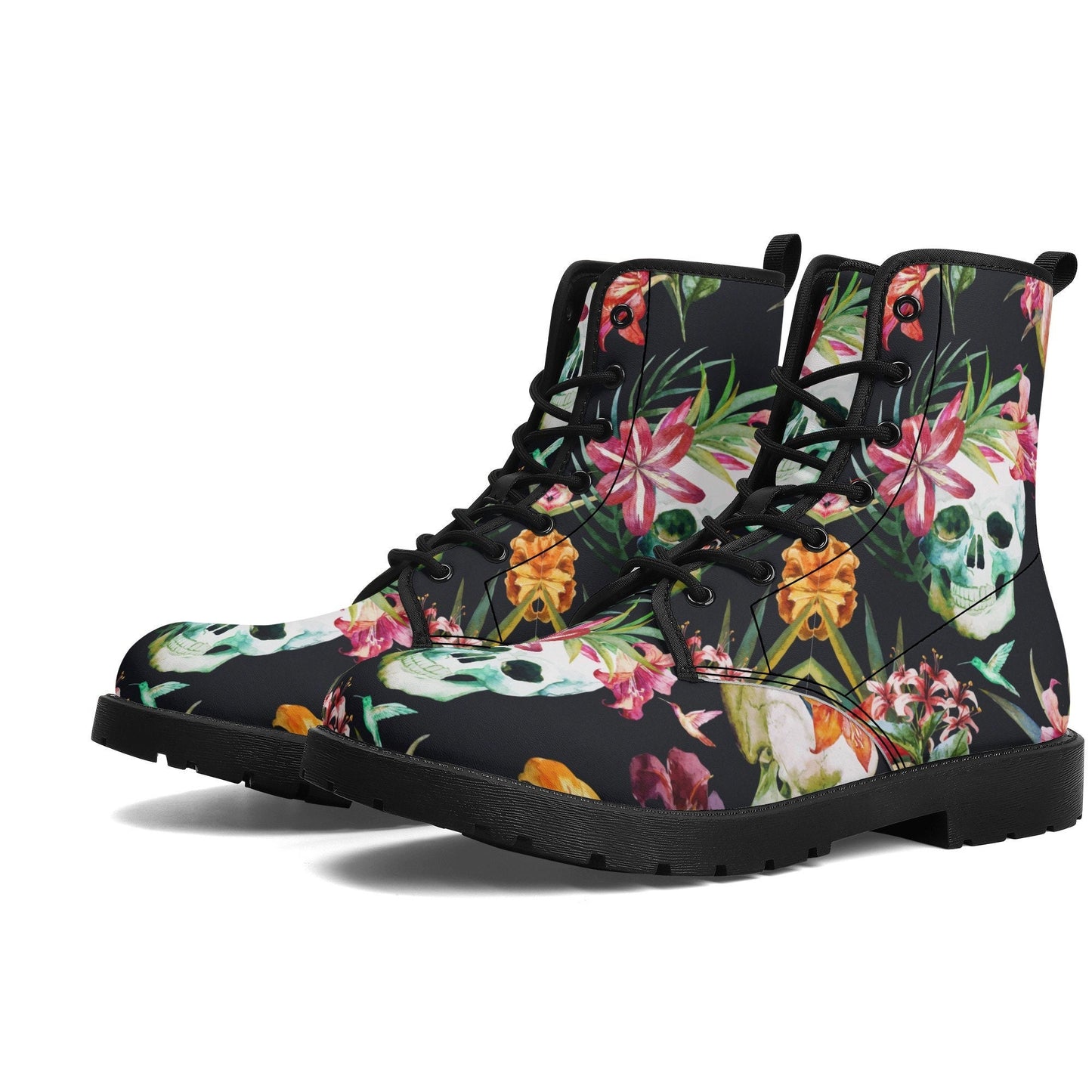 Floral skull men women boots, Floral skull boots, skeleton horror halloween skull boots, Gothic skull grim reaper leather rose skull boots