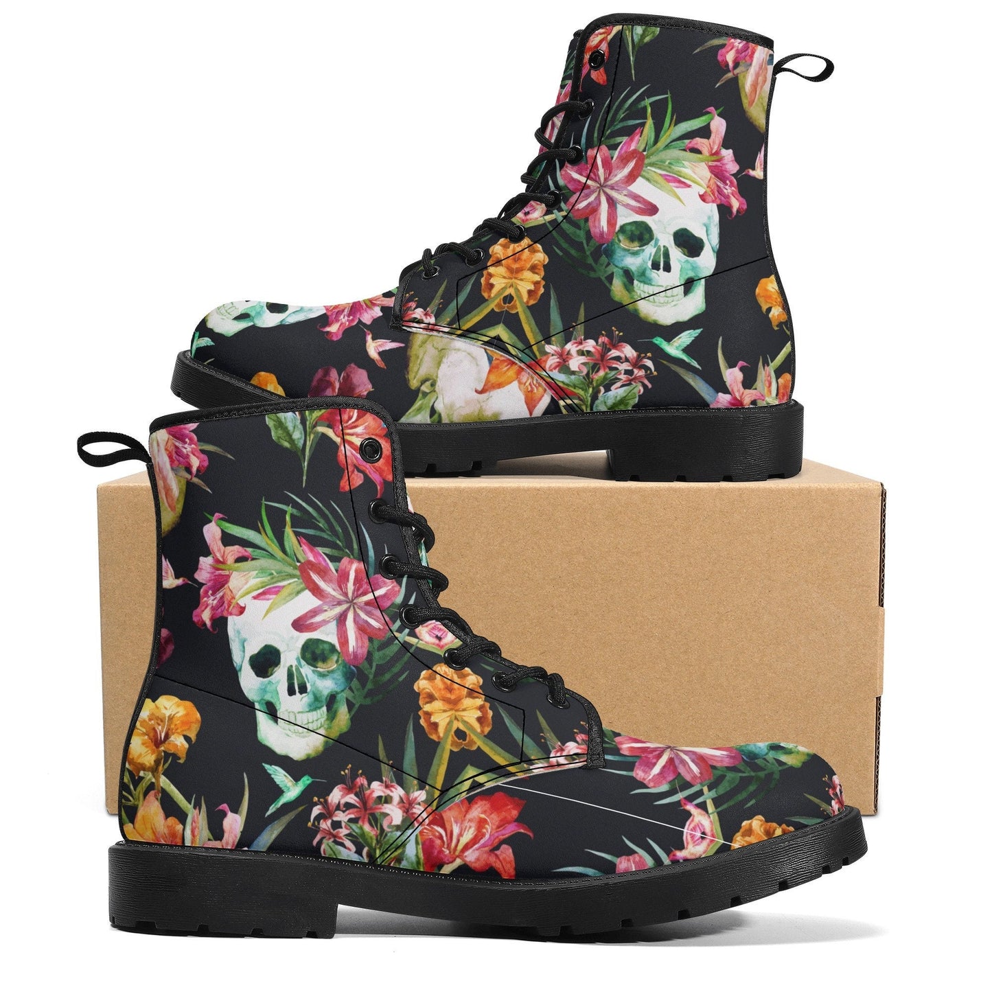 Floral skull men women boots, Floral skull boots, skeleton horror halloween skull boots, Gothic skull grim reaper leather rose skull boots