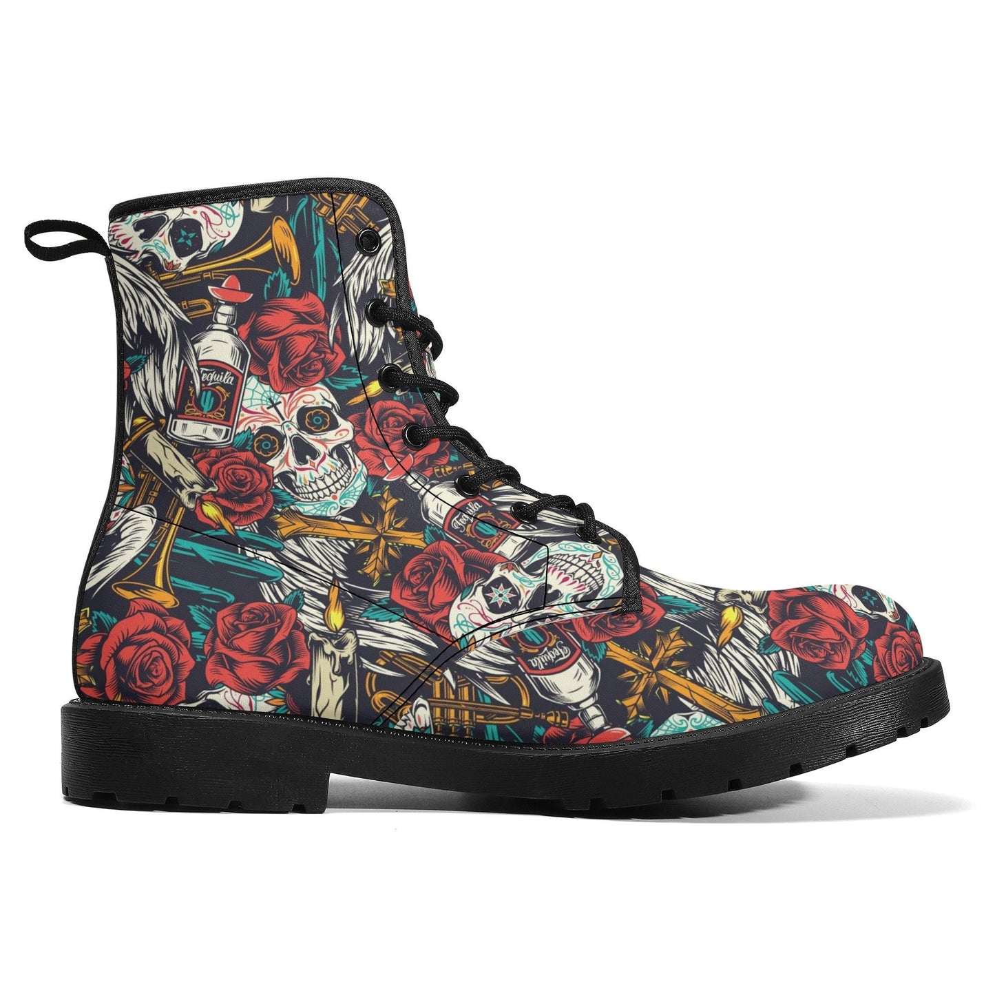 Floral skull men women boots, Floral day of the dead boots, horror halloween skull boots, sugar skull grim reaper leather rose skull boots