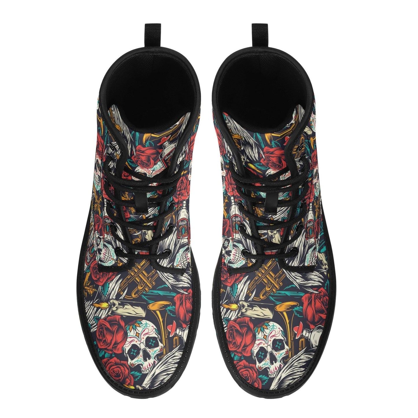 Floral skull men women boots, Floral day of the dead boots, horror halloween skull boots, sugar skull grim reaper leather rose skull boots