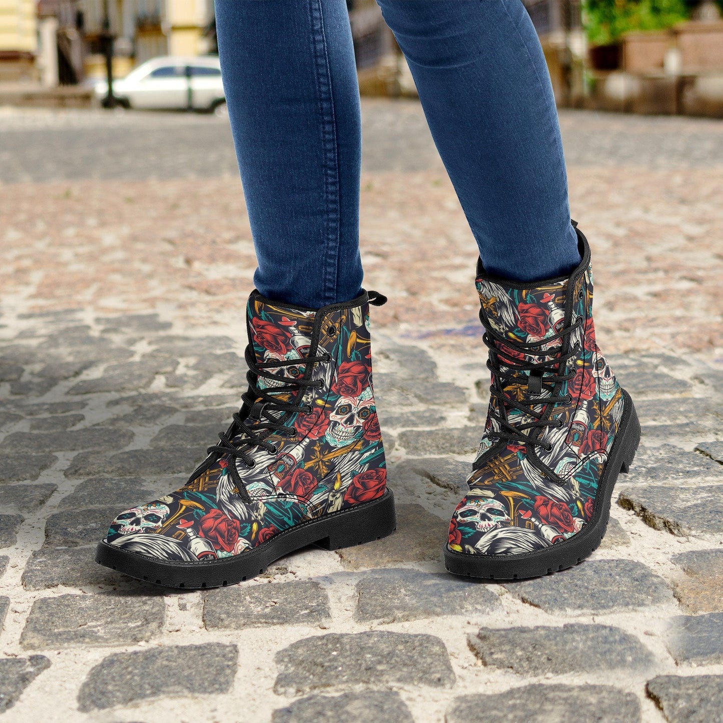 Floral skull men women boots, Floral day of the dead boots, horror halloween skull boots, sugar skull grim reaper leather rose skull boots