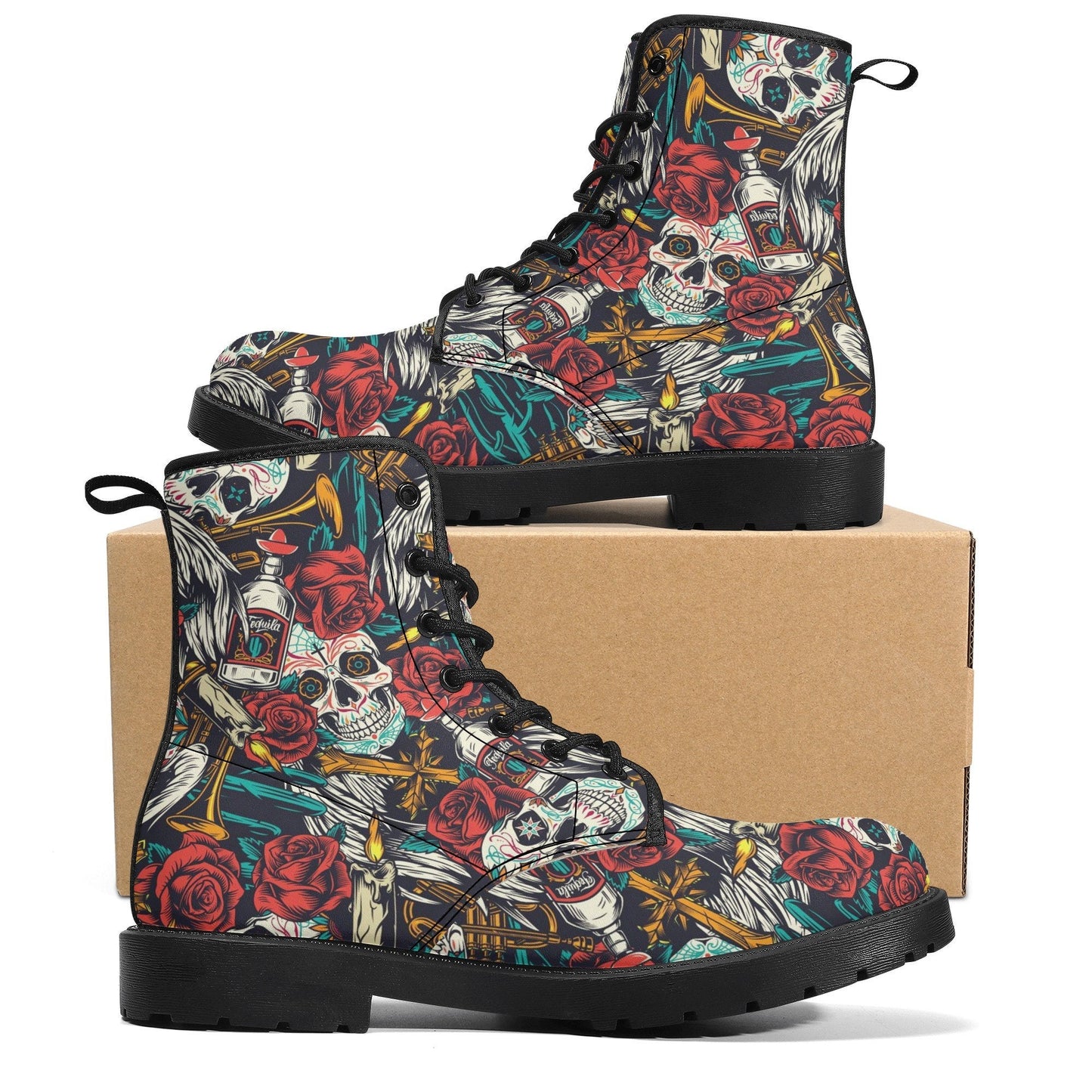 Floral skull men women boots, Floral day of the dead boots, horror halloween skull boots, sugar skull grim reaper leather rose skull boots