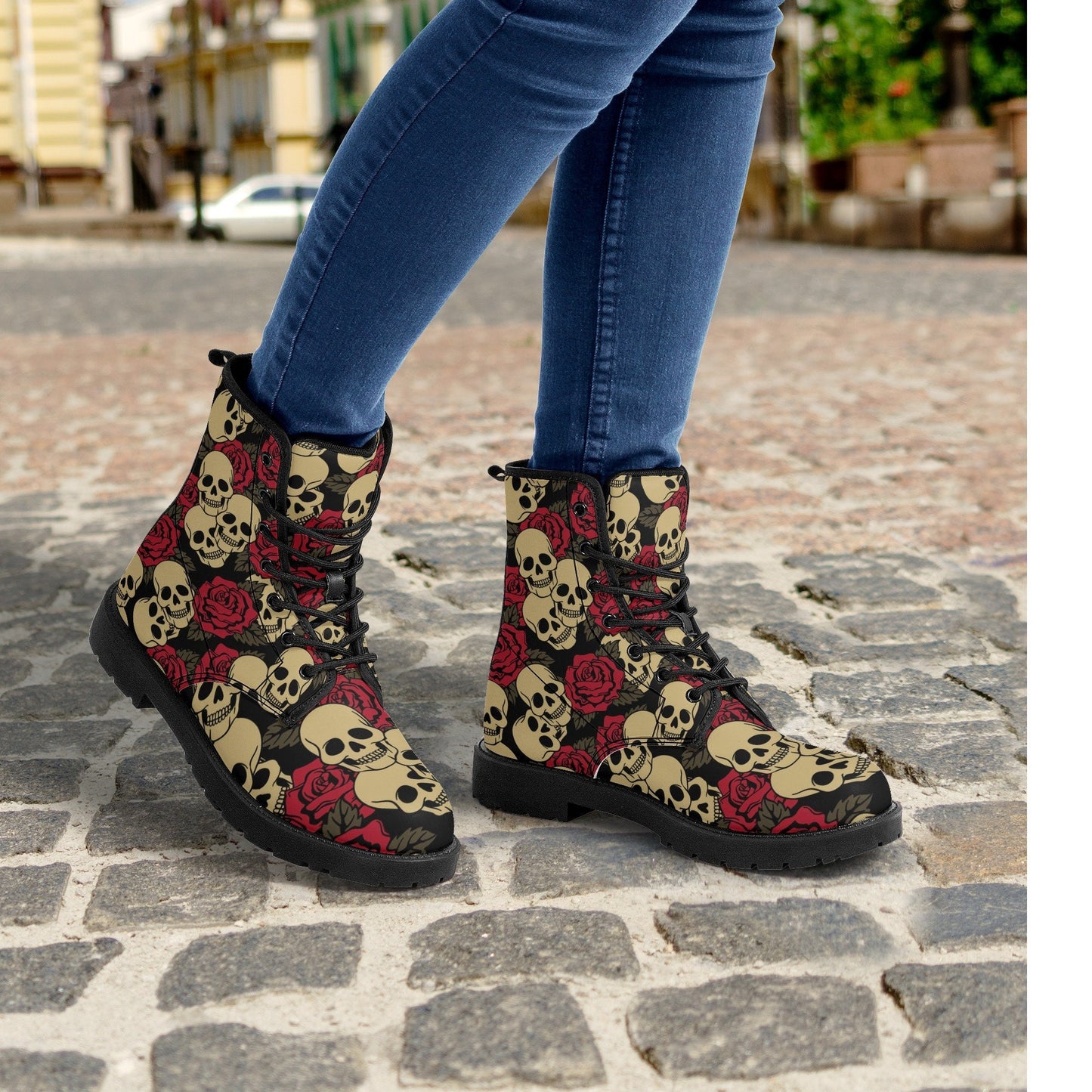 Floral skull men women boots, Floral day of the dead boots, horror halloween skull boots, gothic skull grim reaper leather rose skull boots