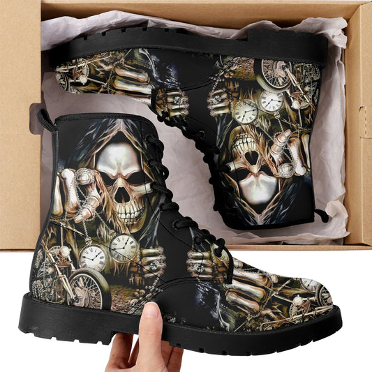 Grim reaper men women boots, Punisher horror Biker skull boots, Halloween skull boots, Motorcycle skull grim reaper leather rose skull boots