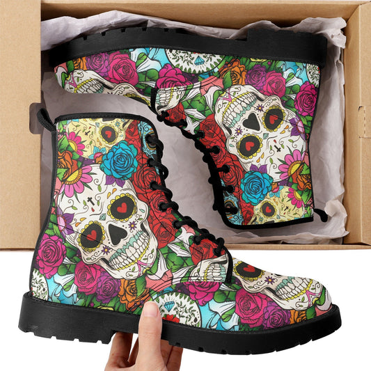 Mexico skull day of the dead leather boots, Sugar Calaveras skull boots men women, Dia de los muertos skull boots shoes, Candy skull boots