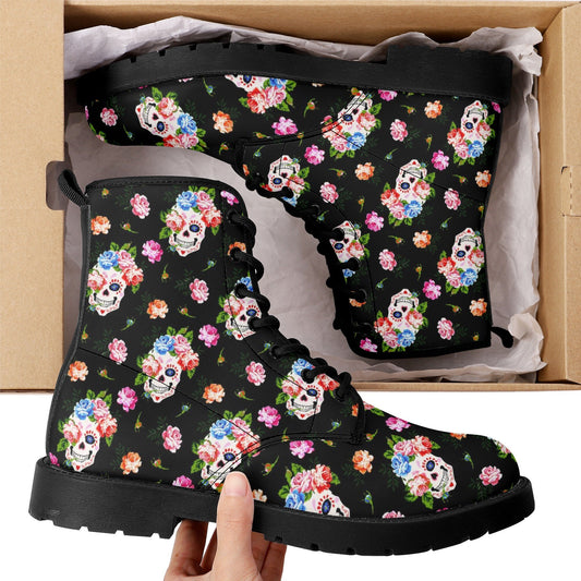 Floral skull day of the dead leather boots, Calaveras Sugar skull boots men women, Dia de los muertos skull boots shoes, Candy skull boots