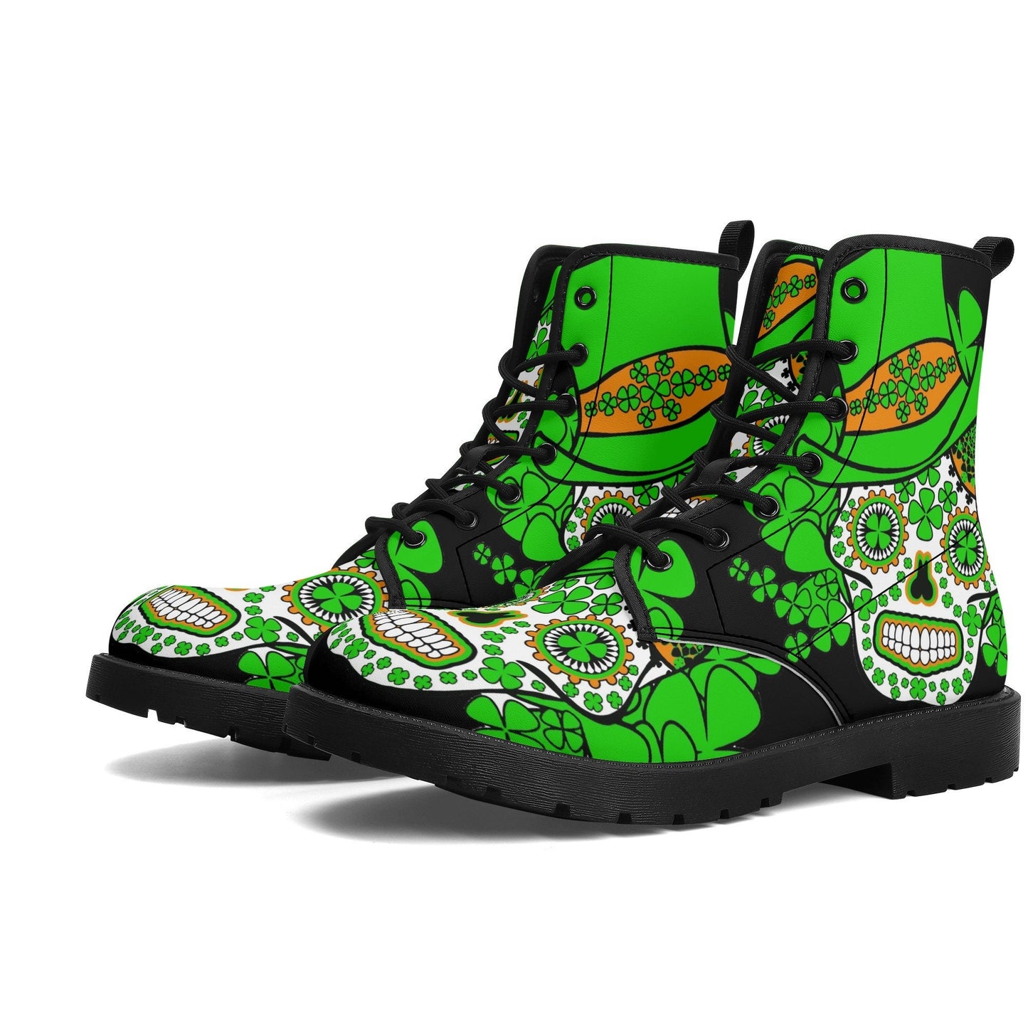 Saint Patrick's Day sugar skull leather boots, Sugar skull boots men women, Dia de los muertos skull boots shoes Calaveras Candy skull boots