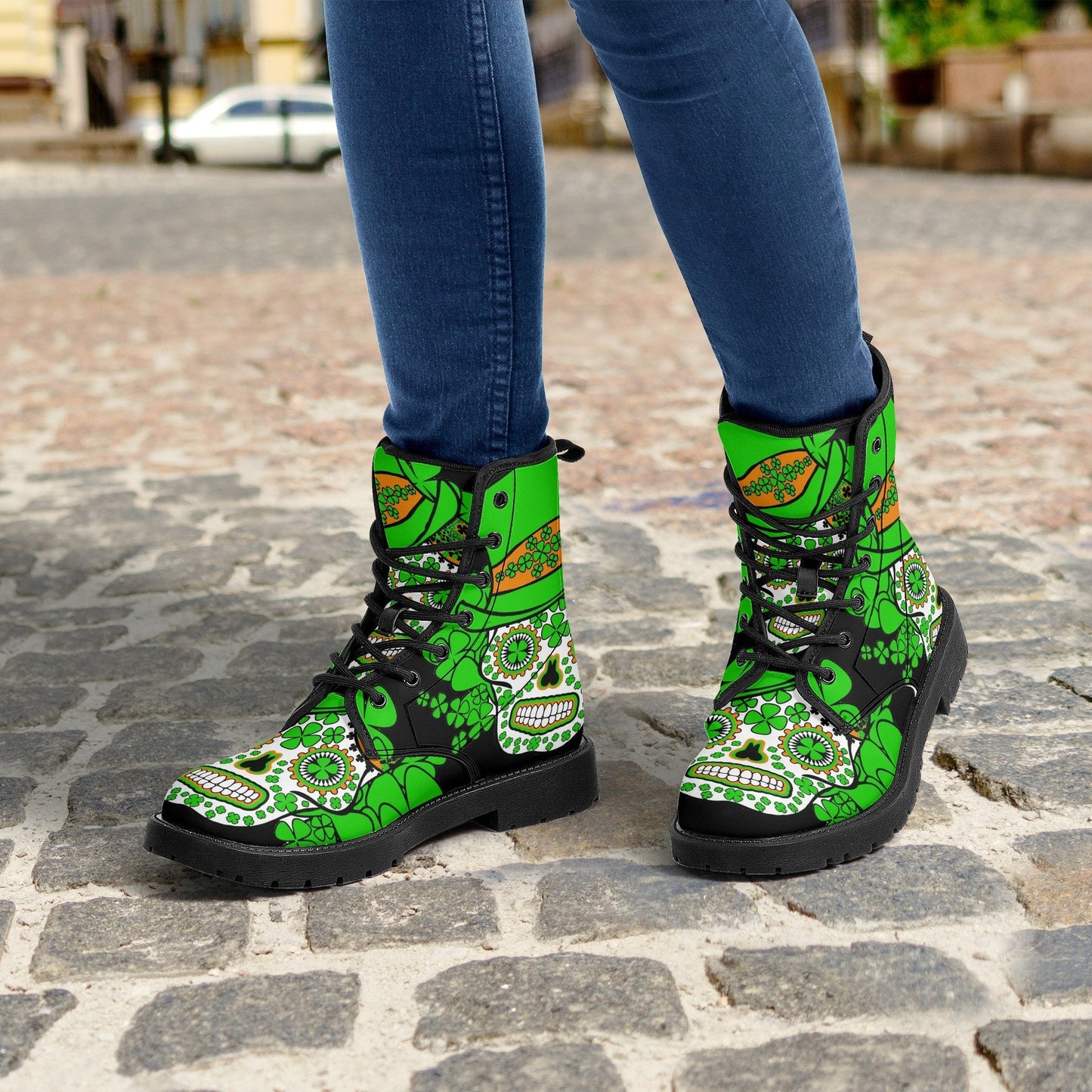 Saint Patrick's Day sugar skull leather boots, Sugar skull boots men women, Dia de los muertos skull boots shoes Calaveras Candy skull boots