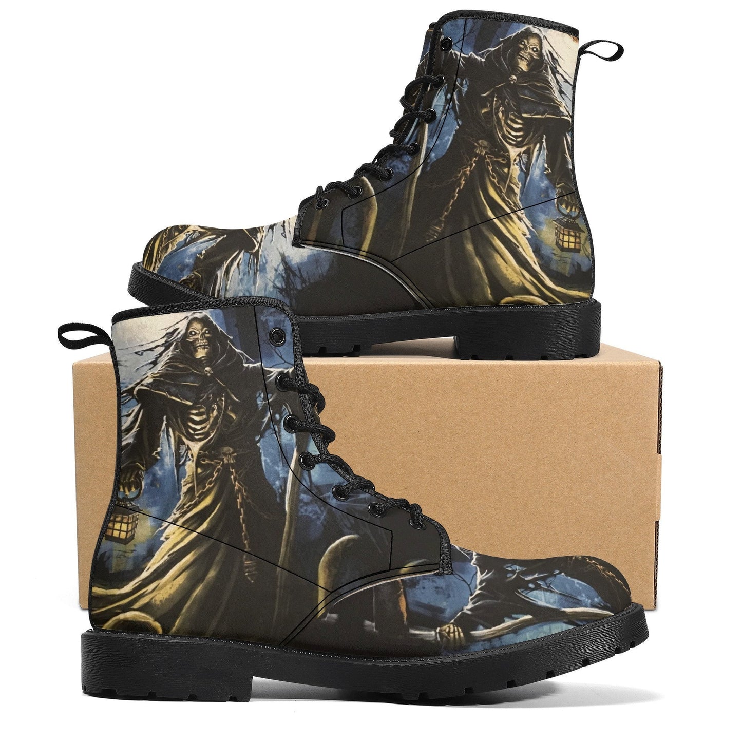 Gothic grim reaper leather boots, Halloween Death skull boots, Christmas skull boots, Horror skull punisher leather skull evil boots shoes