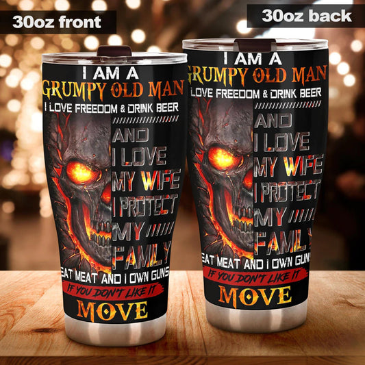 I am a grumpy old man skull tumbler cup, gothic flaming skull tumbler mug Halloween mug grim reaper horror skeleton punisher tumbler cup mug