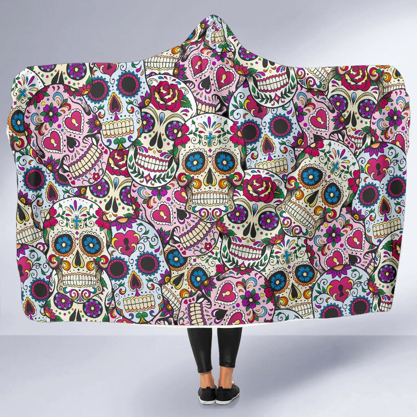 Sugar skull hooded blanket, Halloween candy skull blanket hoodie, Day of the dead hoodie blanket, Calaveras Mexican skull hoodie blanket