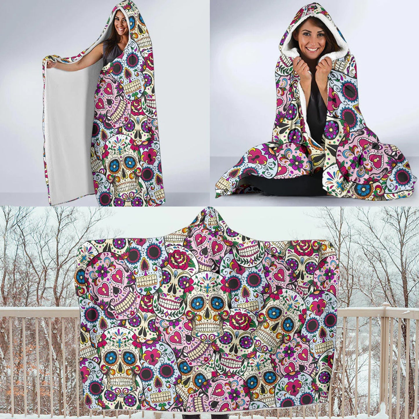 Sugar skull hooded blanket, Halloween candy skull blanket hoodie, Day of the dead hoodie blanket, Calaveras Mexican skull hoodie blanket