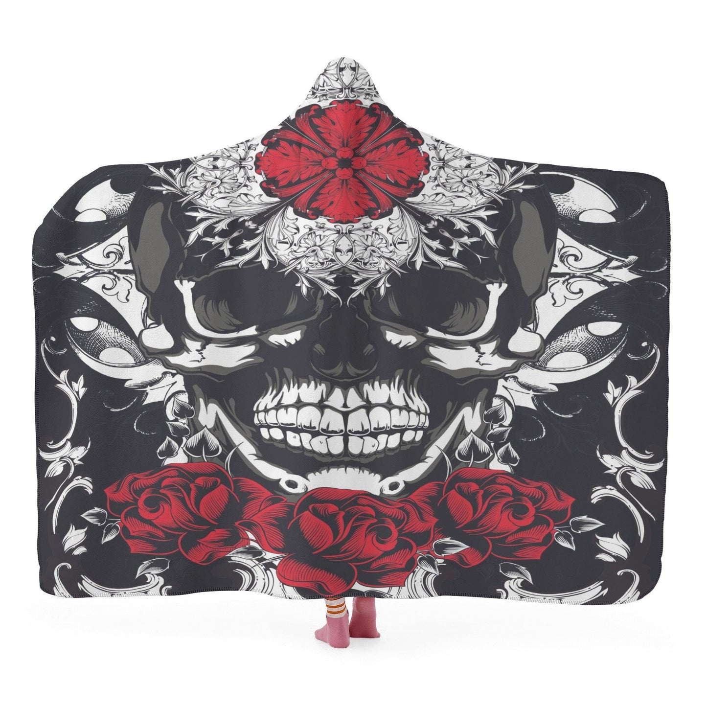 Rose skull fleece blanket, flame skull throw hooded, death skull warm blanket, halloween sherpa blanket, skull christmas hooded blanket