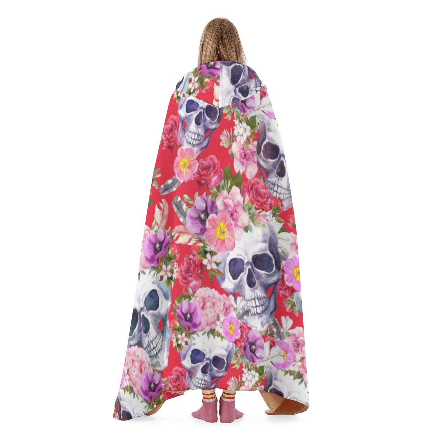 Floral Horror hooded blanket, rose hooded fleece blanket, punisher skull christmas hoodie, skeleton hooded blanket adult, rose skull blanket
