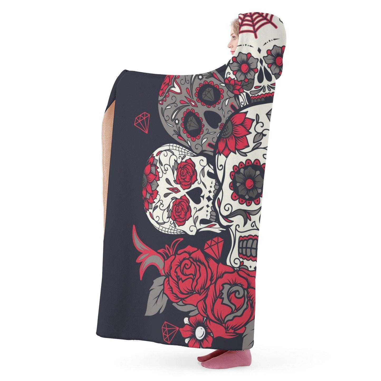 Dia de los muertos skull blanket hooded, calaveras skull sherpa blanket, floral skull warm blanket, cinco de mayo skull hoodie blanket