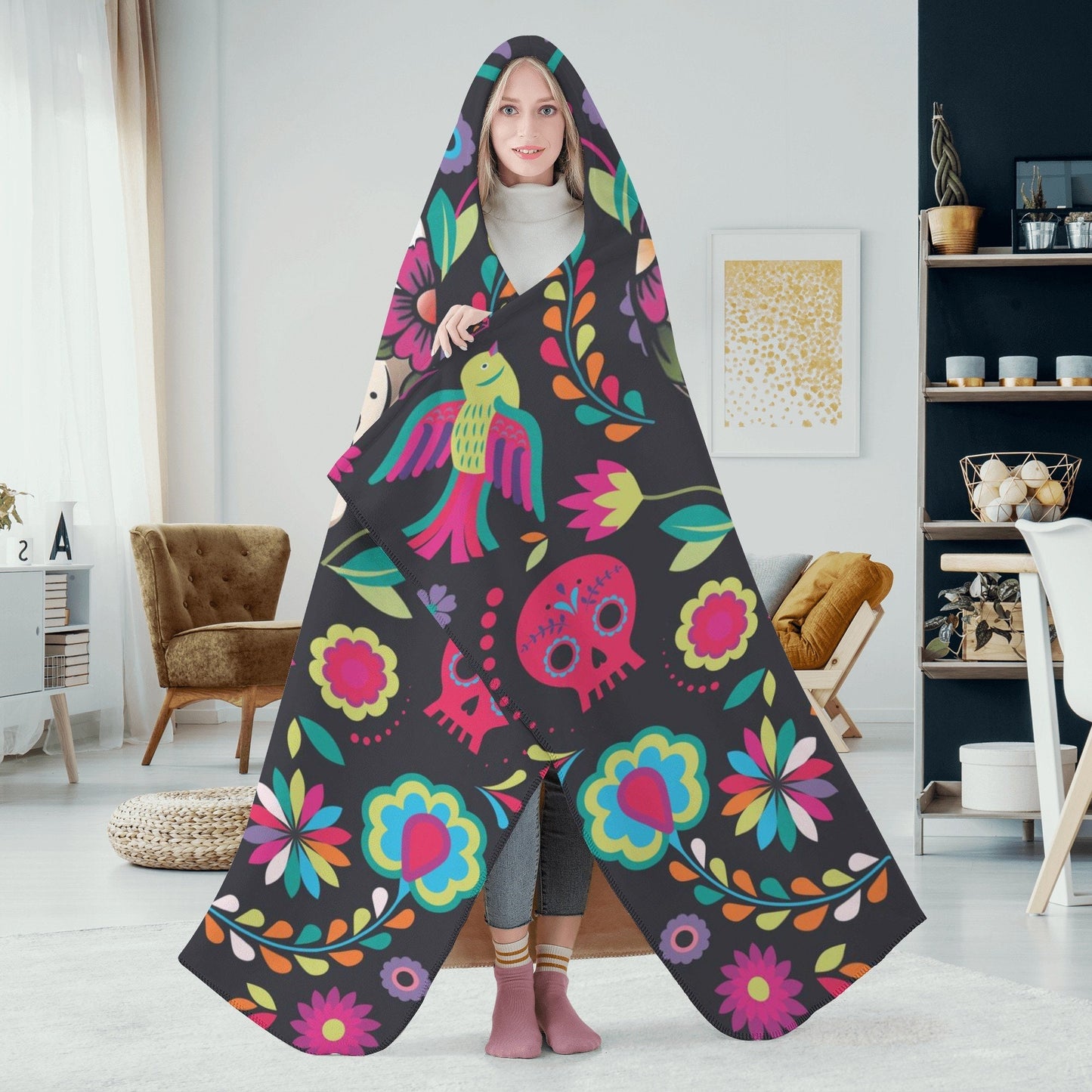 Mexican skull warm blanket, mexico hoodie blanket day of the dead sherpa blanket floral skull flannel hooded mexican skull christmas blanket
